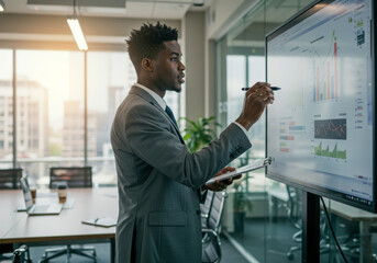 African American Businessman Analyzing Financial Data on Interactive Display