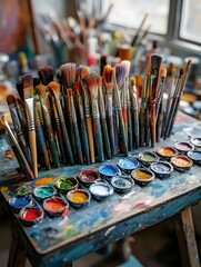 Paints and brushes in the art classroom