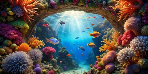 Vibrant Underwater Scene Sunlit Coral Reef with Diverse Fish and Colorful Coral Formations