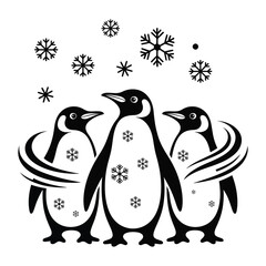 Naklejka premium Three Happy Penguins with Snowflakes in windy Winter Holiday Illustration in Black and White Silhouette Style 