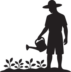 Silhouette Of A Gardener Watering Plants With A Watering Can.