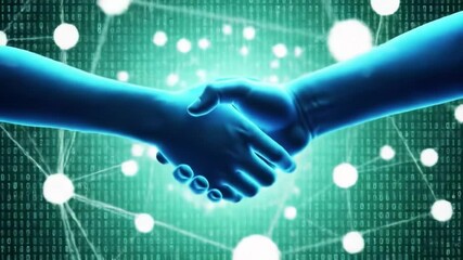 Two hands come together in a digital handshake, representing partnership and collaboration in technology. The background features binary code, emphasizing innovation and progress. - Powered by Adobe