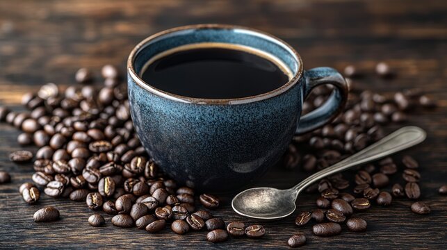 A blue ceramic cup of coffee sits surrounded by roasted coffee beans and a spoon.