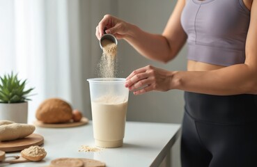 Young sporty woman preparing protein shake meal replacement after workout. Athletic female adds powder into a cup. Healthy food, drink for muscle growth, weight loss. Bodybuilding lifestyle.
