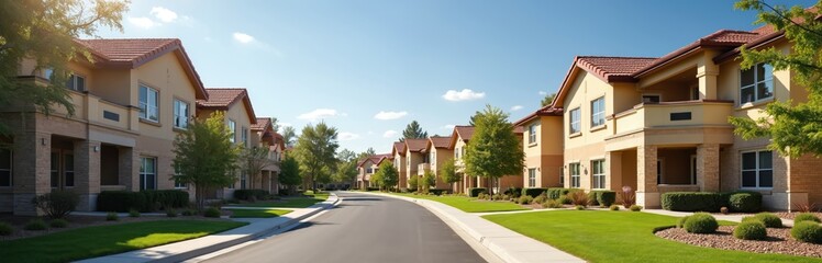 Residential neighborhood with senior living community. Retirement home, apartments, condos in suburbs with road, green lawns and trees. Sunny day, blue sky. Ideal for real estate, housing, investment.