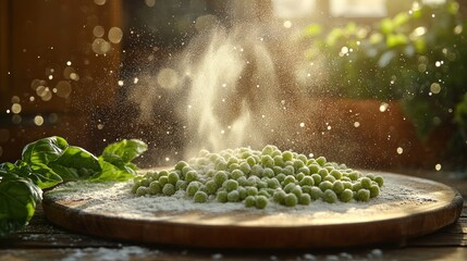 Fresh peas dusted with flour on a wooden board