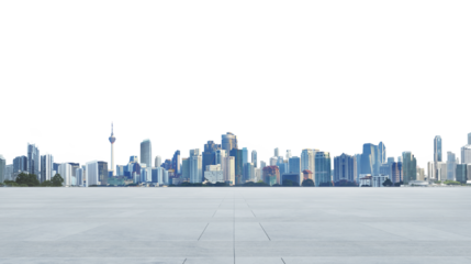 Panoramic skyline of modern cityscape over empty concrete floor