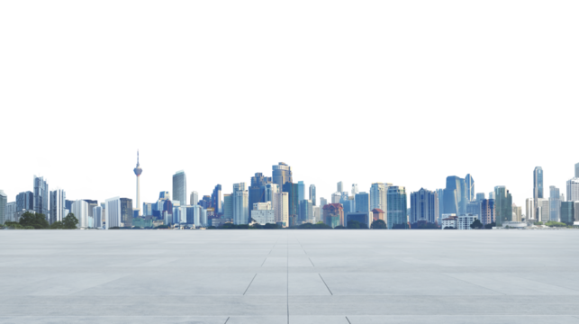 Panoramic skyline of modern cityscape over empty concrete floor