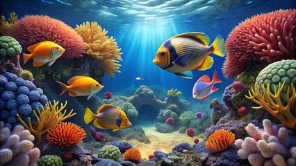 Vibrant Underwater Scene Showcasing a Diverse Array of Colorful Fish and Coral Reefs Thriving in a Sunlit Ocean Habitat