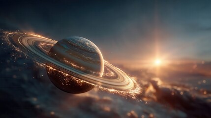 Obraz premium Epic View of Glowing Planetary Rings and Sunrise From Space