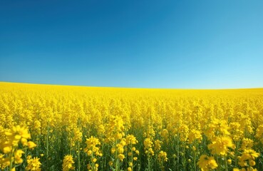 Fototapeta premium Panoramic view of vibrant yellow colza rapeseed field under clear blue sky. Floral landscape in Ukrainian colors. Sunny summer day, blossoming rapeseed flowers, idyllic rural countryside. Ukrainian