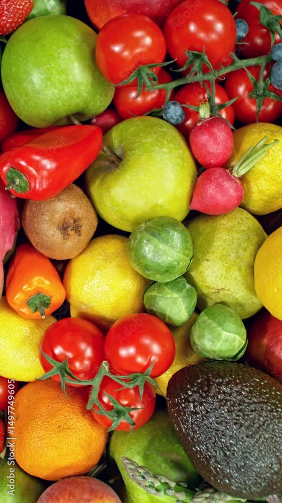Aufkleber Various Kind of Fresh Fruits and Vegetable. Camera Placed on Motion Control System. Filmed on High Speed Cinema Camera. Camera in Motion. Vertical Aspect Ratio.