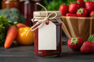 market stall sign mockup. A jar of strawberry jam with a blank label surrounded by fresh fruits and vegetables.
