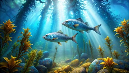 Serene Underwater Scene Two Fish Gracefully Swim Amidst Vibrant Aquatic Plants and Sunlit Rocks