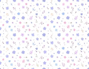 Seamless Pastel Floral Pattern with Tiny Flowers and Delicate Leaves on White Background