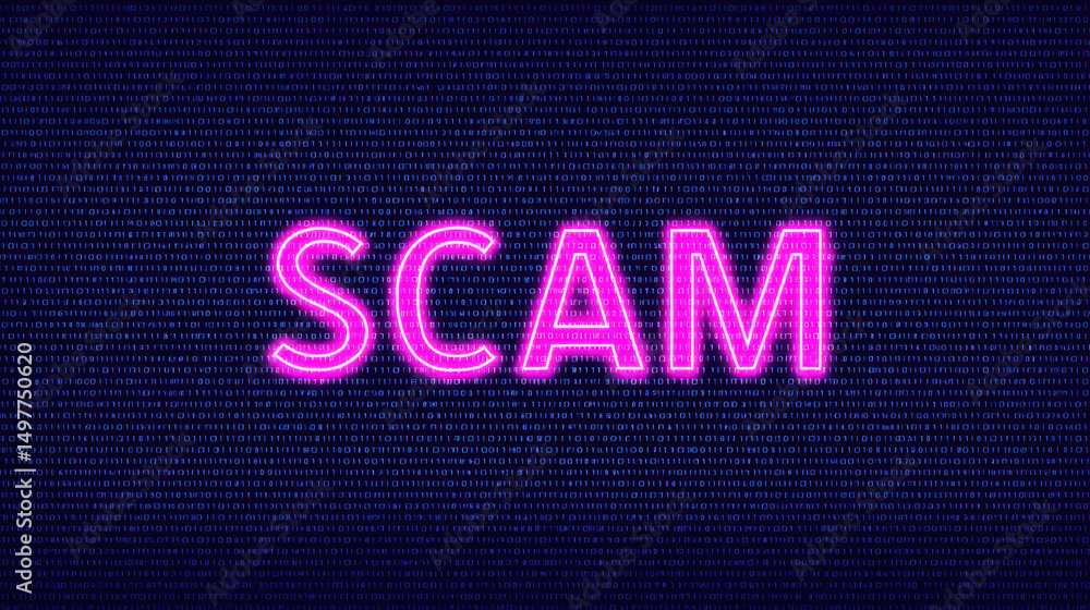 Poster bold scam warning message in glowing neon light on dark digital background symbolizes online fraud d