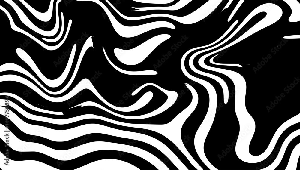 Poster swirling black and white pattern creates optical illusion with dynamic, wavy lines, forming a hypnot