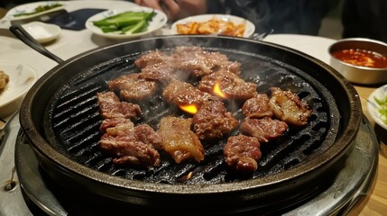 Korean BBQ: delicious meat grilling on a tabletop grill with side dishes.