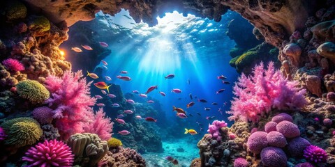 Fototapeta premium Vibrant Reefscape Sunbeams Illuminate a Thriving Underwater Ecosystem of Colorful Coral and Fish
