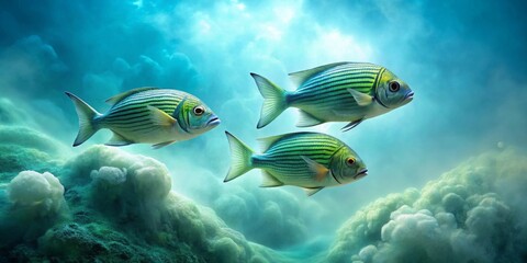 Serene Underwater Scene Featuring Three Striped Fish Swimming Gracefully Above a Lush Ocean Floor