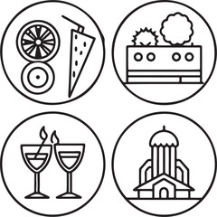 A useful collection of black and white line icons representing various objects, perfect for app developers and web content creators.