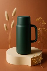 Elegant Flask Presentation: A sleek, dark green flask stands gracefully on a minimalist, geometric platform, complemented by the delicate beauty of dried botanicals.