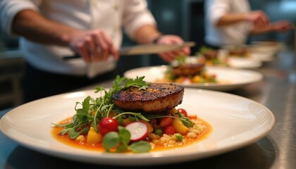 Chef plating fine dining food in kitchen. Gourmet dish with meat, vegetables. Culinary arts, gastronomy. High-end cuisine, restaurant, food photography.
