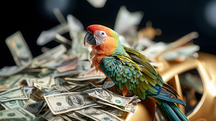 Colorful parrot perched on pile of money, surrounded by cash and luxury, evokes sense of wealth and extravagance