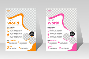 Colorful Travel flyer design template set, flyer in a4 for business marketing blueprint, progression, proclaim, publication, cover page, corporate trendy style flyer design