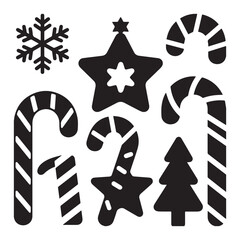 A collection of black silhouette candy canes with Christmas themes.