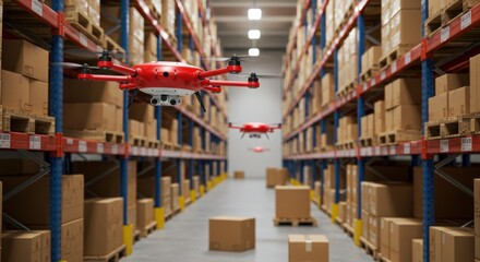 Fototapeta premium Warehouse drones symbolizing automated logistics and inventory management