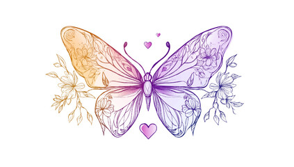 Colorful line art butterfly with flowers on white background.