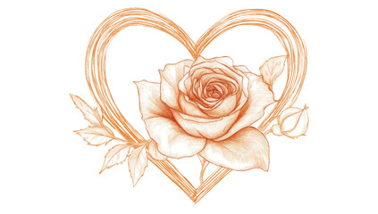 Orange rose line art with heart shape.