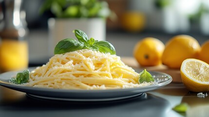 Lemon pasta dish, topped with basil and parmesan