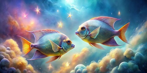 Fototapeta premium Two Vibrant Fish Swim Amidst a Celestial Dreamscape of Sparkling Stars and Soft, Colorful Clouds