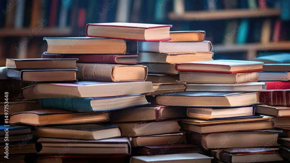 Poster A stack of books resting on a table