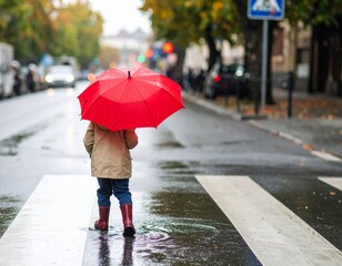 Obraz premium A child with a bright red zone walks down the street during the rain 