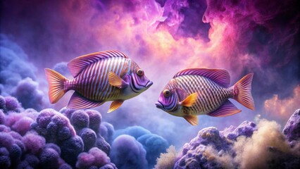 Fototapeta premium Serene aquatic duo gracefully swimming amidst vibrant, ethereal underwater flora and fauna, a captivating underwater spectacle