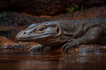 Close-Up of a Lizard Resting by Water's Edge with Detailed Textures and Natural Background in a Serene Outdoor Environment
