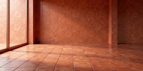 Sunlit terracotta tiled room with a large window