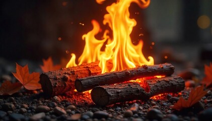 Intricate fire design crafted from glowing embers and wood, creating a mesmerizing warm ambiance perfect for autumn or Halloween decor ,  intricate,  element