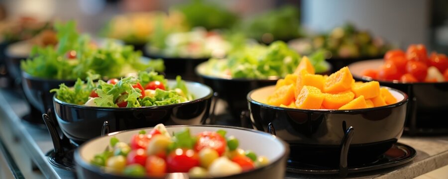 Variety fresh salad in black bowls at hotel restaurant buffet. Healthy food choices for lunch dinner. Tomato, lettuce, vegetable bar at all you can eat self-service eatery.