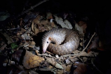 Close-Up of a Porcupine Animal Hiding in Dark Forest Layers Surrounded by Leaves and Branches in Natural Habitat at Night Time with Mysterious Vibe