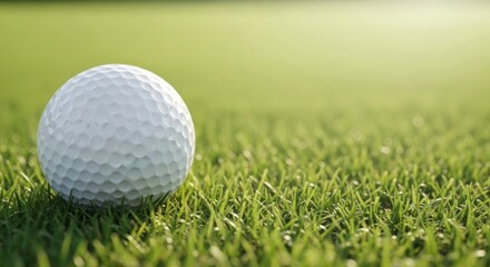 Golf ball on green grass at golf course with lush field. Sport recreation concept for outdoor activity. Advertising banner design.