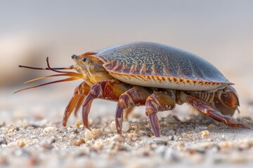 Close-Up of a Shellfish Crawling on Sandy Beach with Intricate Patterns and Textures Highlighting the Unique Features of this Marine Creature
