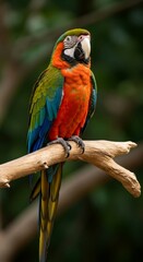 Obraz premium Colorful macaw parrot perched on a branch looking sideways. Exotic wild bird in natural habitat. Vibrant tropical animal portrait.