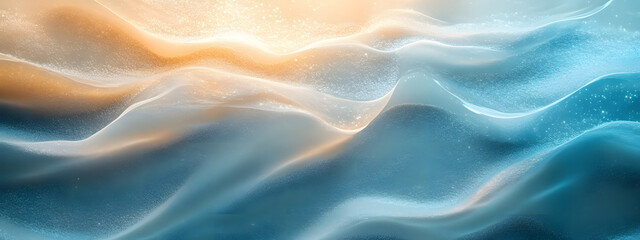 Obraz premium abstract sand beach from above with light blue transparent water wave and sun lights, summer vacation background concept banner with copy space, natural beauty spa outdoors