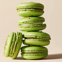 Green macarons stacked with creamy filling and pistachio bits, creating delightful and colorful dessert display