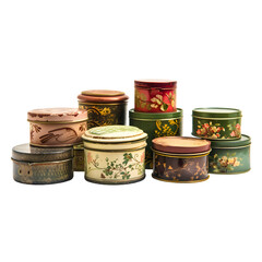 Antique style spice tins collection shown on transparent background with nostalgic design