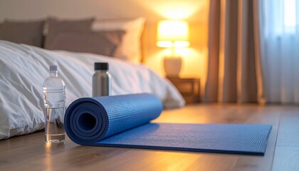 Lifestyle changes sleep concept. Yoga mat and water bottles in a serene bedroom setting.